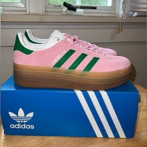 NWT Pink and Green Adidas Gazelle Bold, size 7 W